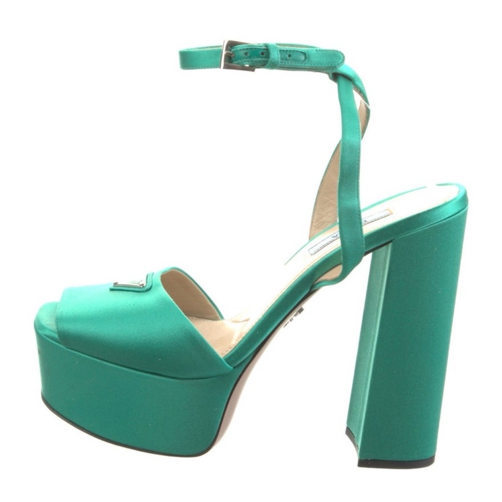 Prada Green Satin Block Heel Sandals - Picture 6 of 11